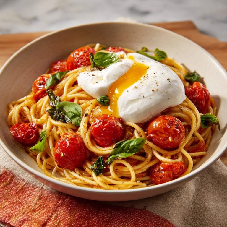 Spaghetti mit gerösteten Kirschtomaten, Basilikum und pochiertem Ei, mit flüssigem Eigelb, das auf die Pasta fließt.