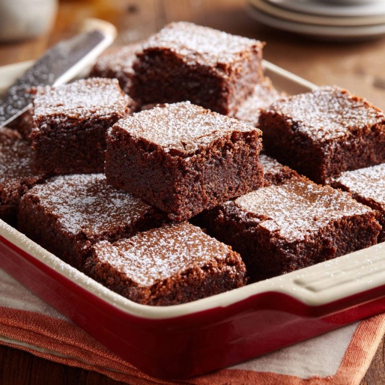 Ultimative Schokoladen-Brownies, die in einer roten Auflaufform gestapelt und mit Puderzucker bestäubt sind, zeigen ihre fudgy Textur.