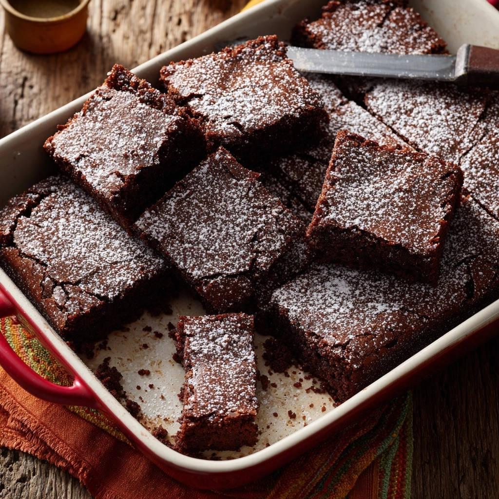 Ultimative Schokoladen-Brownies, frisch aus dem Backblech, bestäubt mit Puderzucker für eine süße Note.