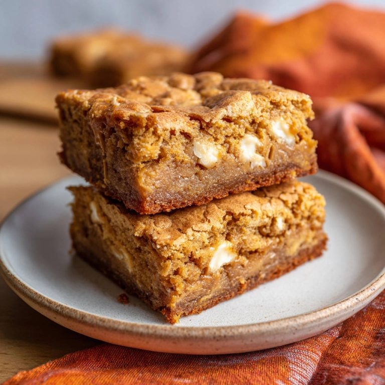Himmlisch saftige White Chocolate Blondies, gestapelt auf einem Teller, mit sichtbaren weißen Schokoladenstückchen und goldbrauner Kruste.