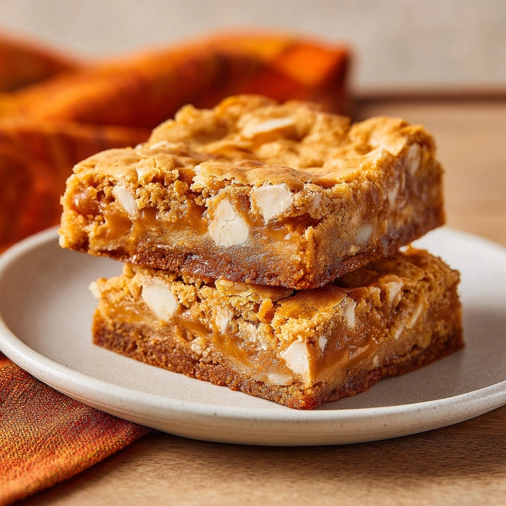 Himmlisch saftige White Chocolate Blondies, gestapelt auf einem Teller mit Nahaufnahme des karamellisierten Inneren und weißer Schokolade.
