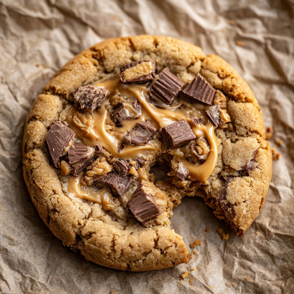 XXL Erdnussbutter-Schoko-Cookie angeschnitten, mit geschmolzener Erdnussbutter und Schokoladenstücken, die die Textur zeigen.