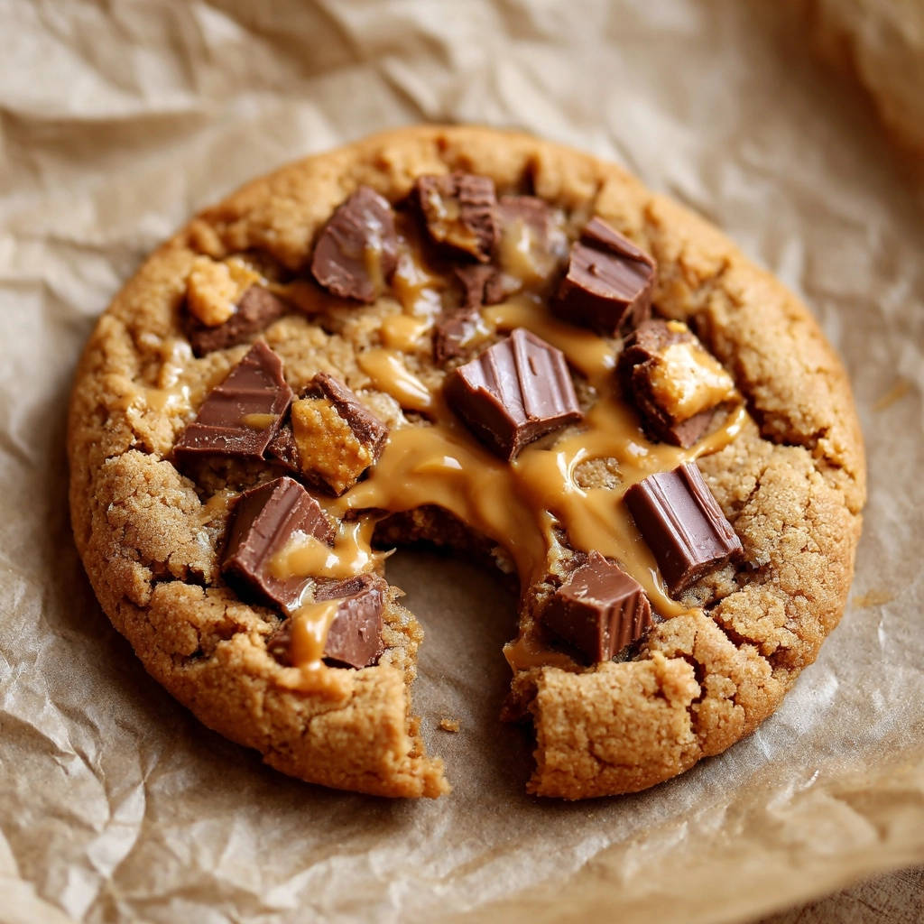 XXL Erdnussbutter-Schoko-Cookie angeschnitten, mit geschmolzener Erdnussbutter und Schokoladenstücken auf einem ausgefransten Stück Cookie.