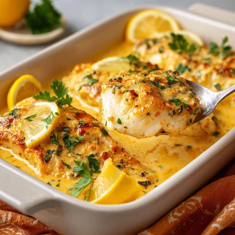 Saftiges Zitronen-Fischfilet aus dem Ofen, hier auf einem Löffel nah aufgenommen, mit cremiger Sauce und Zitrone garniert.