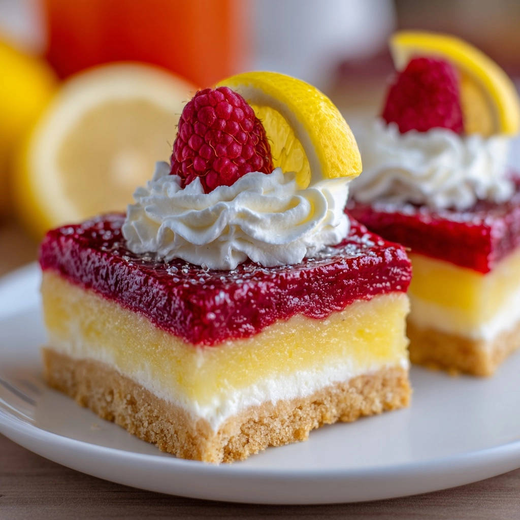 Sommerliche Zitronen-Himbeer-Schnitten im Detail mit frischer Himbeere, Zitrone und Schlagobers garniert.