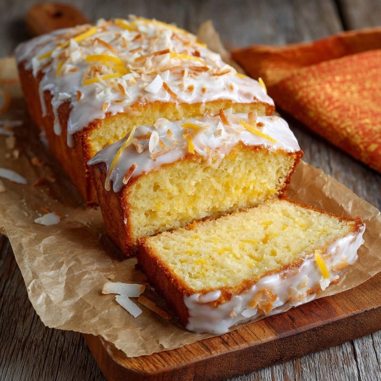 Saftiger Zitronen-Kokos-Kuchen angeschnitten, zeigt köstliche Textur und saftigen Innenbereich mit Kokosraspeln und Zitronenzesten.