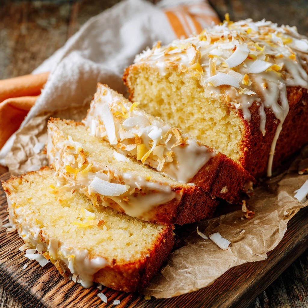 Saftiger Zitronen-Kokos-Kuchen angeschnitten mit leckerer Glasur und Kokosraspeln, Nahaufnahme der saftigen Kuchenkrume