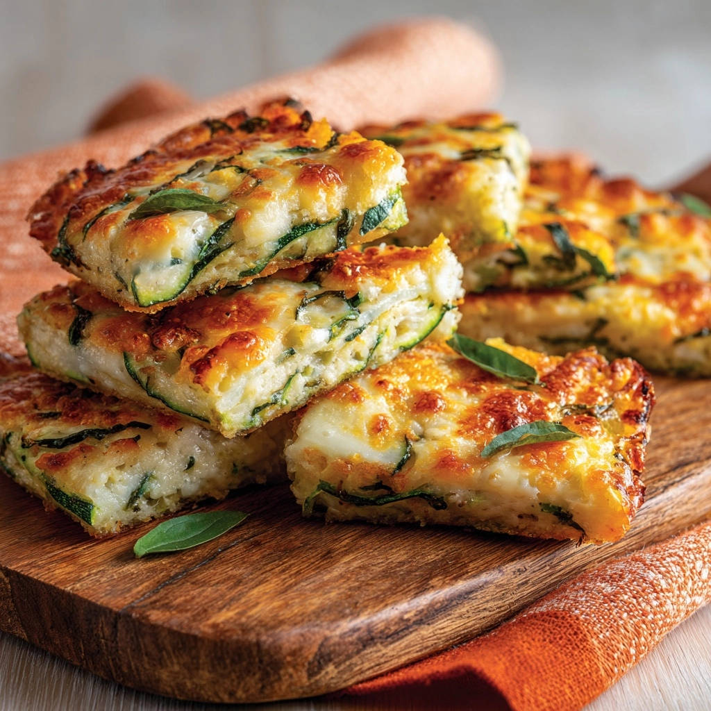 Saftiges Zucchini-Käse-Fladenbrot angeschnitten, das die Schichten von Zucchini und Käse zeigt, serviert auf einem Holzbrett.