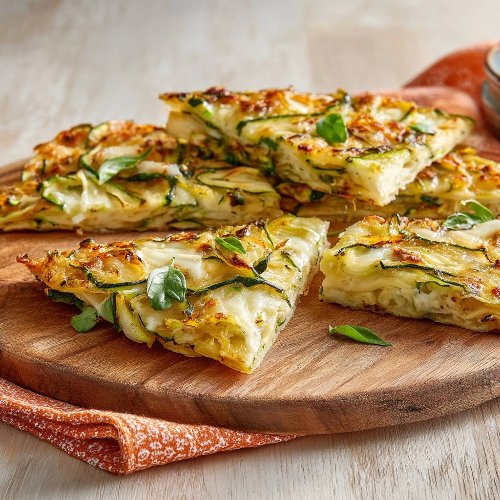 Saftiges Zucchini-Käse-Fladenbrot angeschnitten auf einem Holzbrett mit frischem Basilikum garniert