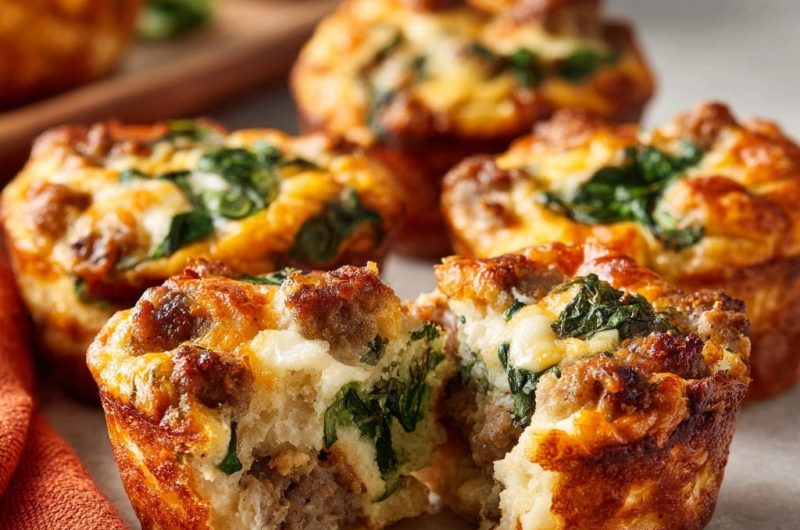 Herzhafte Frühstücks-Muffins mit Wurst, Spinat und Käse
