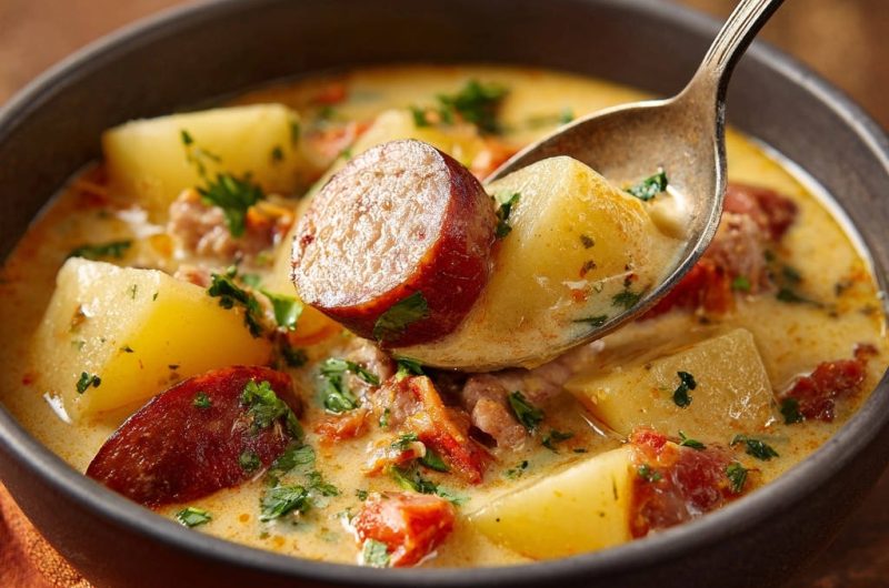 Herzhafte Rahmsuppe mit Wurst und Kartoffeln