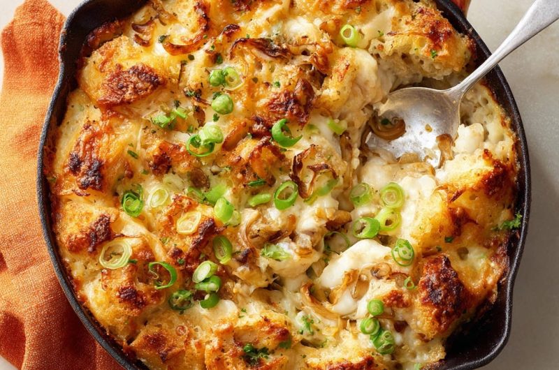 Herzhafter Käse-Zwiebel-Brotpudding