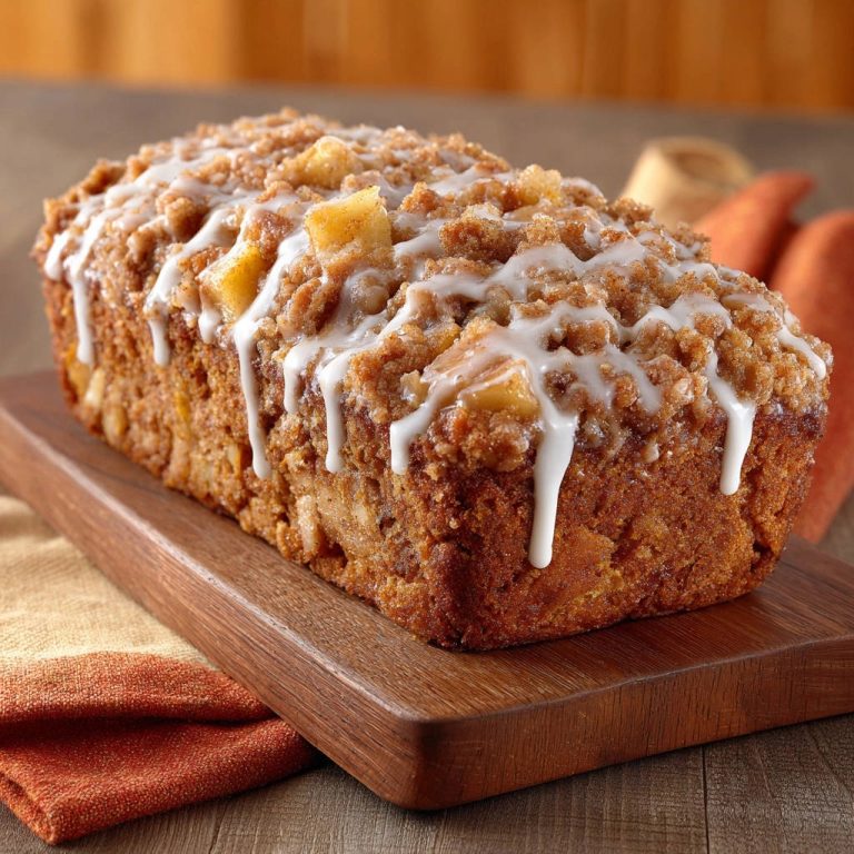 Apfel-Streusel-Brot glasiert mit einem Zuckerguss, Nahaufnahme der süßen Streusel und Apfelstücke.
