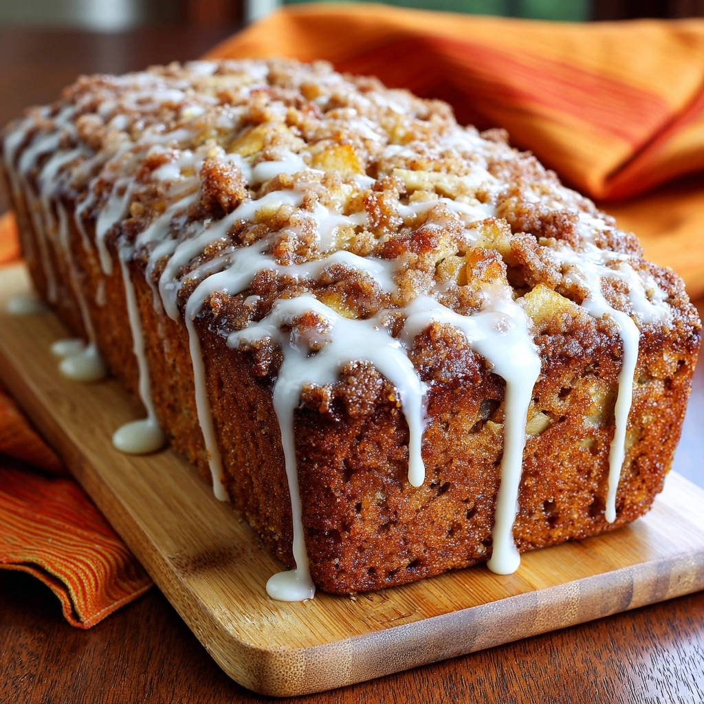 Apfel-Streusel-Brot mit einer süßen Glasur, die appetitlich über den Rand tropft.
