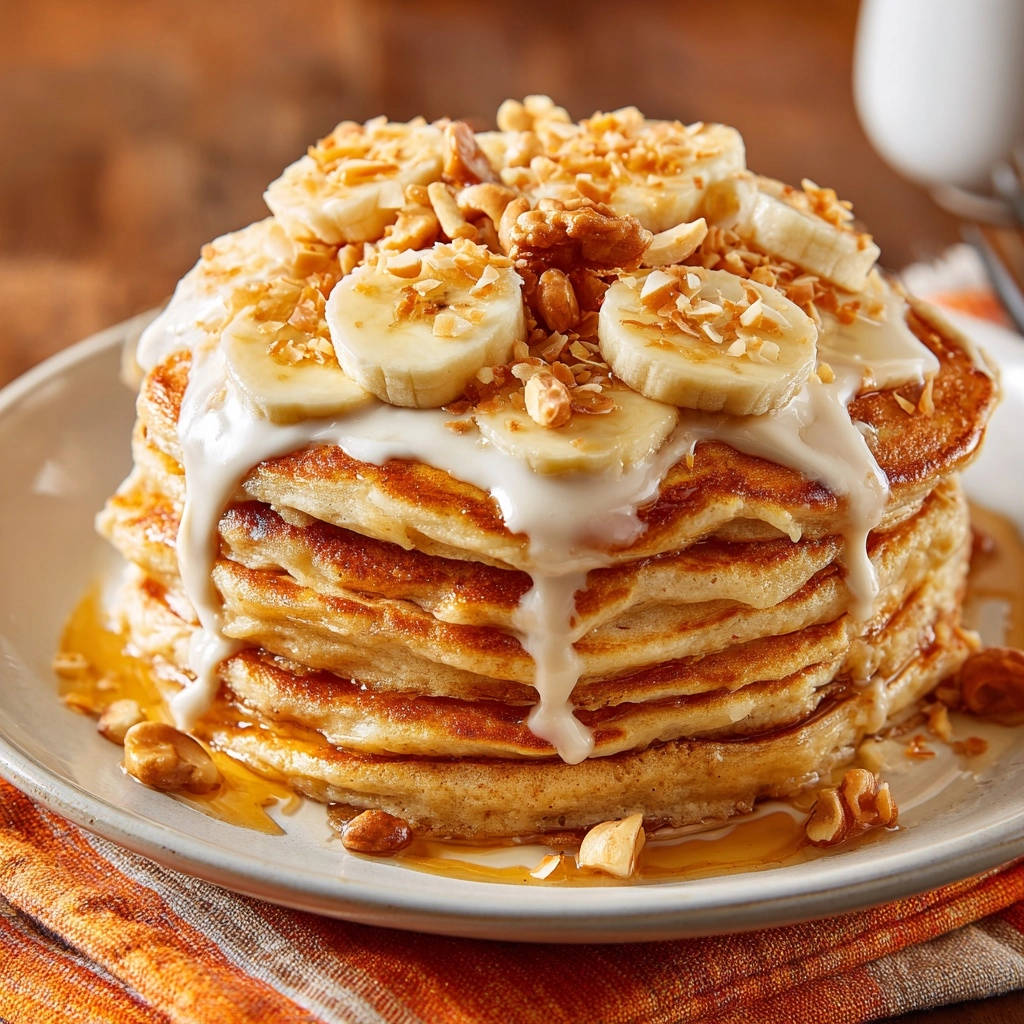 Bananen-Kokos-Pfannkuchen mit frischen Bananenscheiben, Nüssen und Kokosraspeln garniert und mit Zuckerguss übergossen.