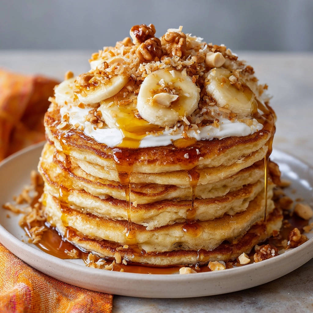 Bananen-Kokos-Pfannkuchen, garniert mit Bananenscheiben, Kokosraspeln und Nüssen, mit Honig übergossen.