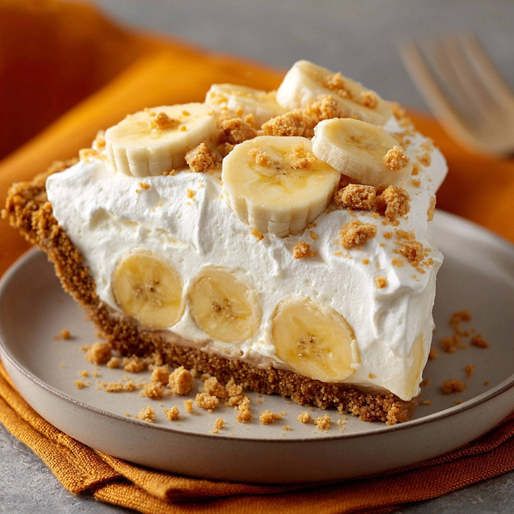 Cremiger Bananen-Traum-Pie als angeschnittene Tortenscheibe mit frischen Bananenscheiben und Keksbröseln dekoriert.