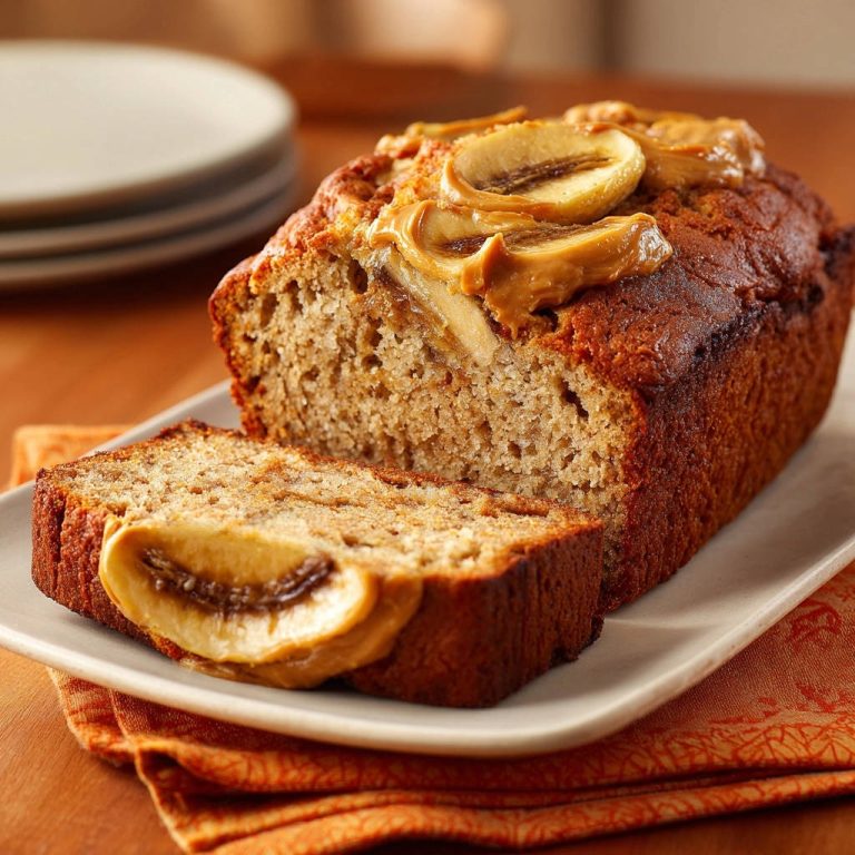 Bananenbrot mit Erdnussbutter, angeschnitten, zeigt das saftige Innere und die Erdnussbutter-Garnitur.