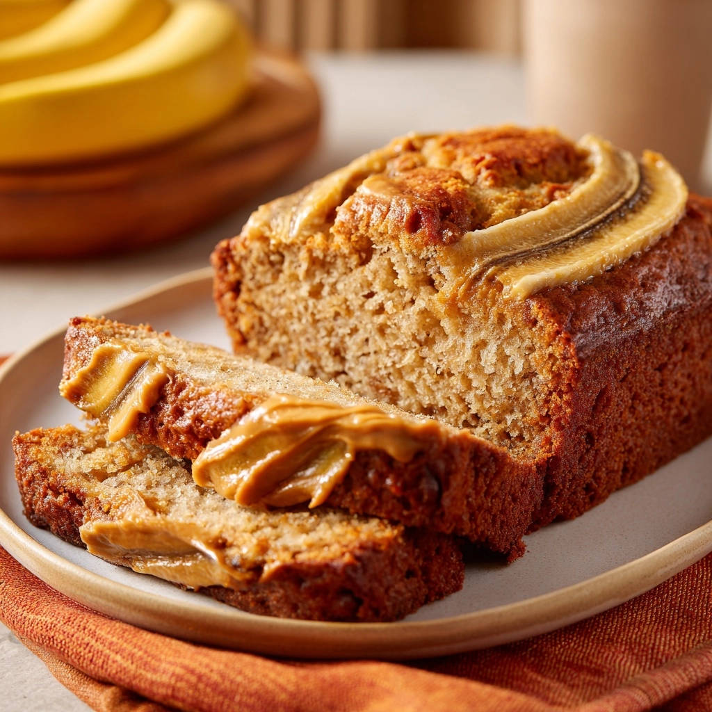 Bananenbrot mit Erdnussbutter, angeschnitten und mit Erdnussbutter-Topping und Bananenscheibe garniert.