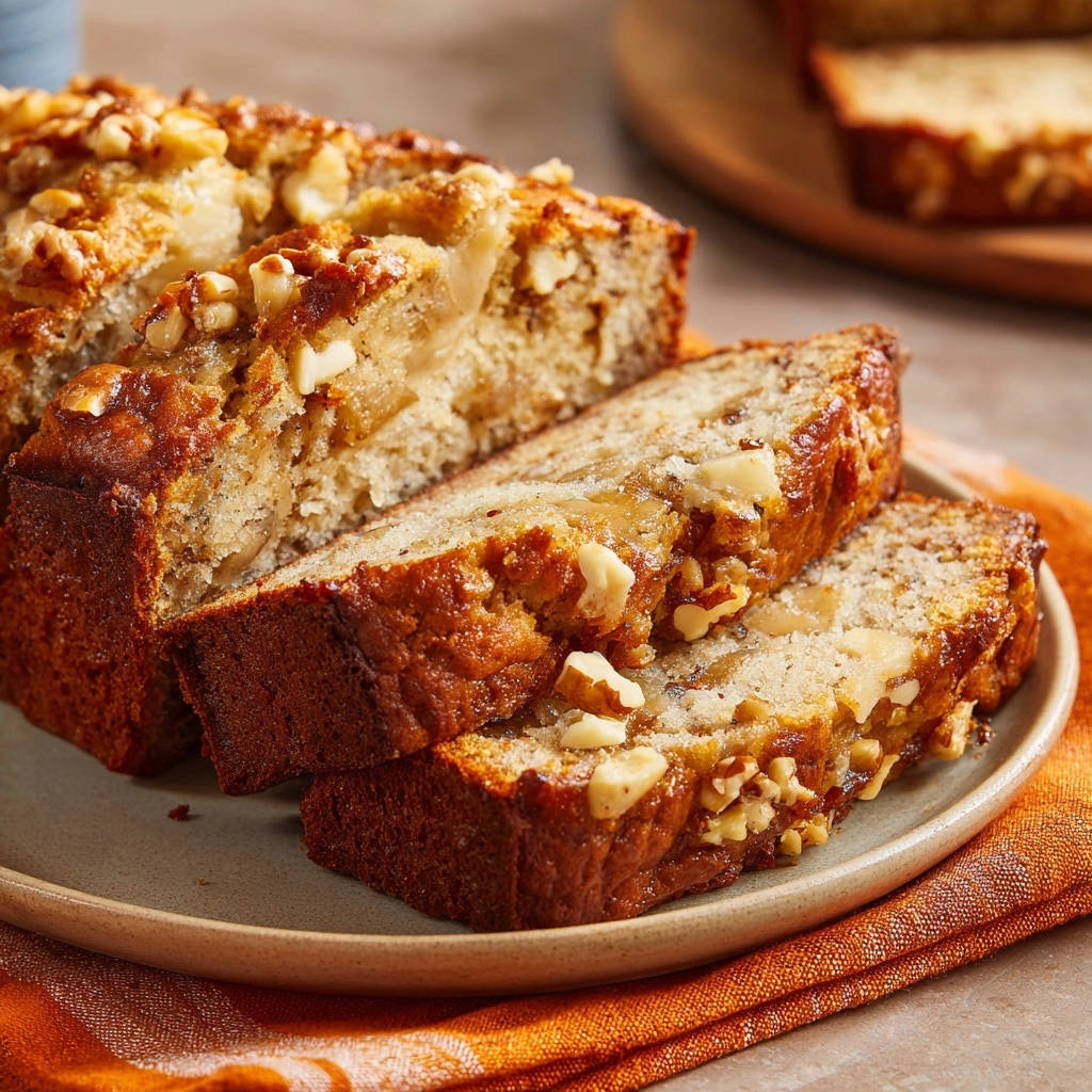 Ultra-saftiges Bananenbrot mit Walnüssen, angeschnitten und im Detail mit saftiger Krume und Nüssen.