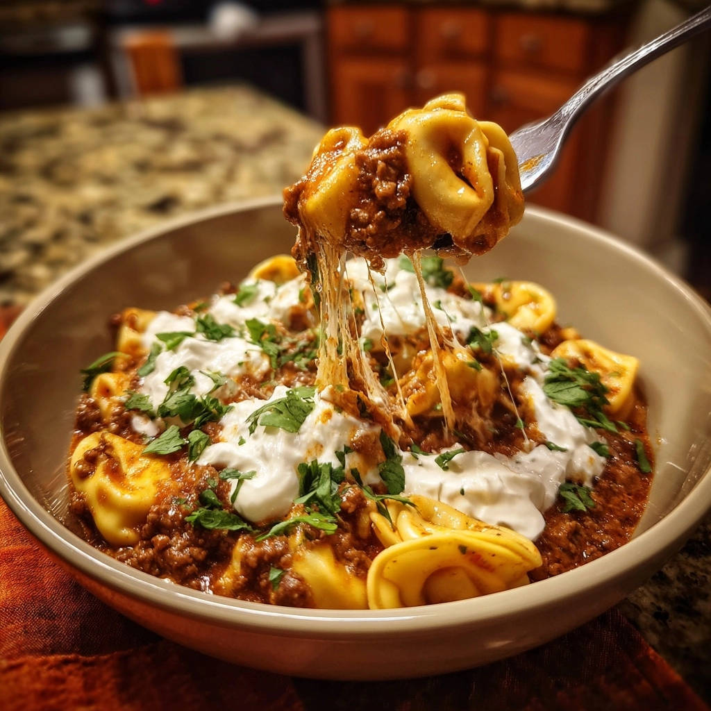 Blitz-Tortellini mit Hackfleischsauce, mit geschmolzenem Käse, der von der Gabel gezogen wird, garniert mit Petersilie.
