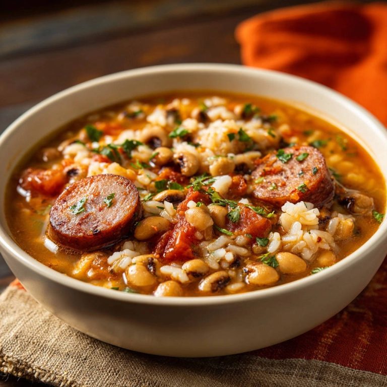 Herzhafter Bohnen-Reis-Eintopf mit Wurst, nahaufnahme der geschnittenen Wurst und Kichererbsen mit Reis und Tomaten.