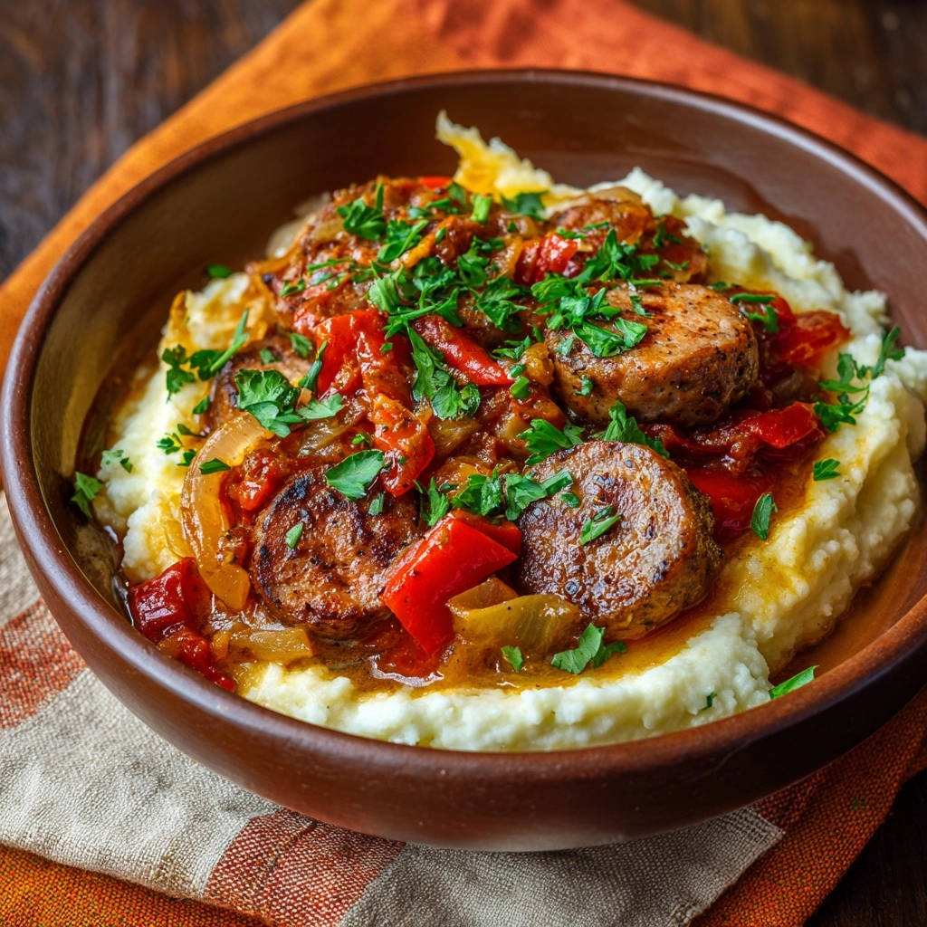 Zünftiges Bratwurstpfännchen auf cremigem Kartoffelbrei, Nahaufnahme der saftigen Bratwurstscheiben mit Paprika und Petersilie garniert.