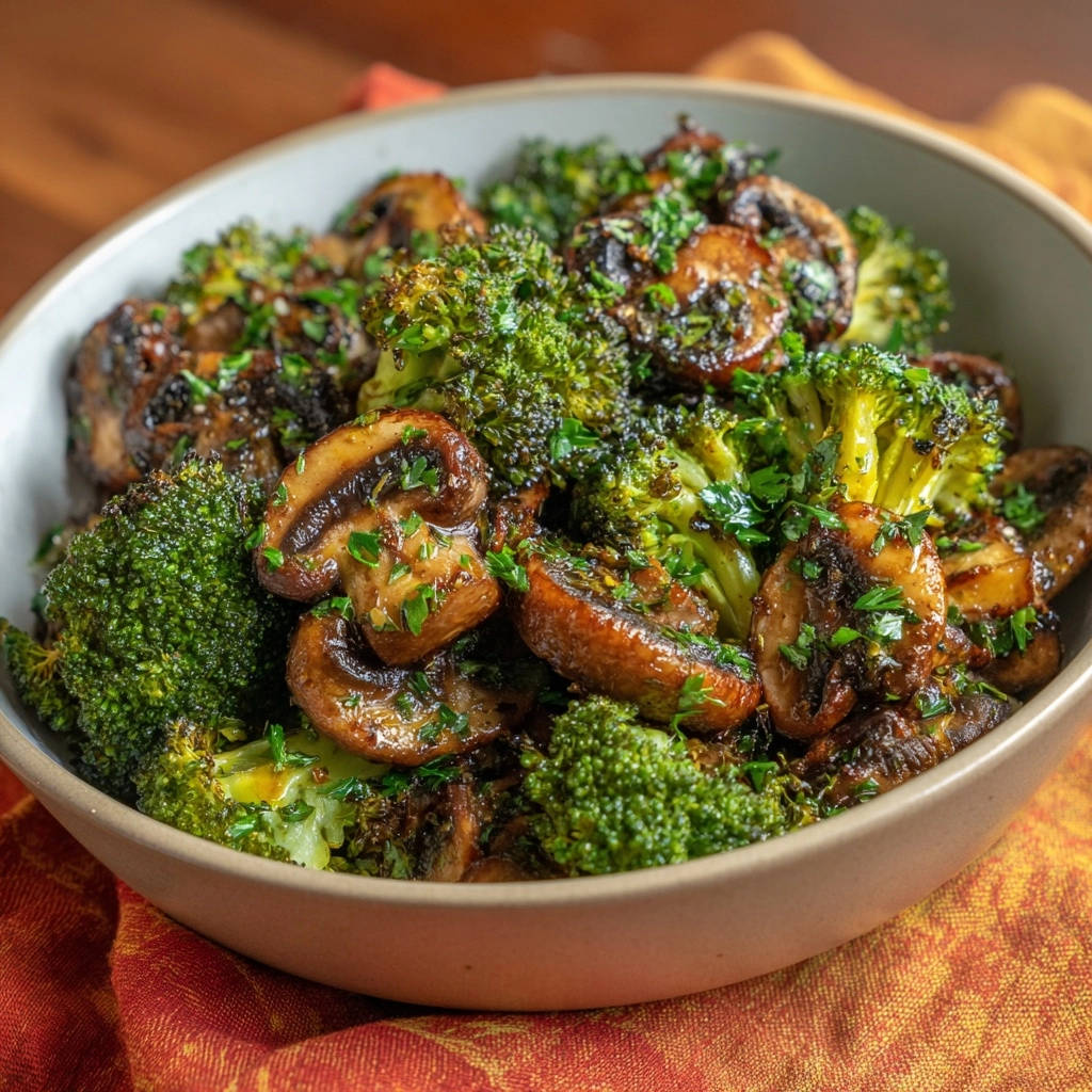 Brokkoli-Champignon Pfanne mit perfekt gebräunten Pilzen, garniert mit frischer Petersilie, in einer Schüssel serviert.