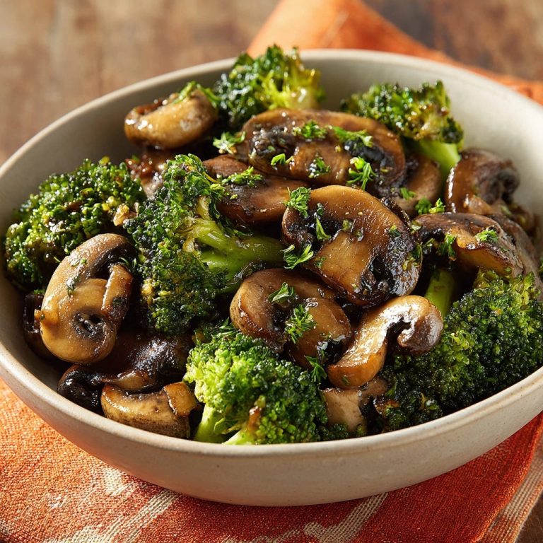 Brokkoli-Champignon Pfanne mit perfekt gebräunten Pilzen und frischer Petersilie, Nahaufnahme in einer Schüssel.