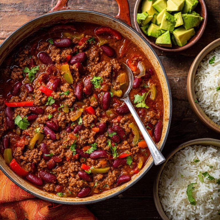 Herzhaftes Chili con Carne als Draufsicht aus einem Topf mit einem Löffel darin, garniert mit frischer Petersilie.