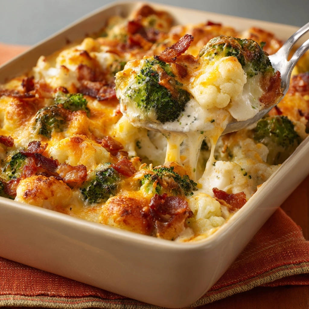 Cremiger Brokkoli-Blumenkohl-Gratin mit geschmolzenem Käse und Speck, aufgenommen mit einem Servierlöffel.