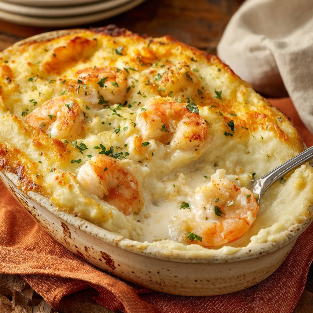 Cremiges Garnelen-Gratin mit Kartoffelhaube, Nahaufnahme eines Löffels, der cremige Garnelen aus der Auflaufform hebt.