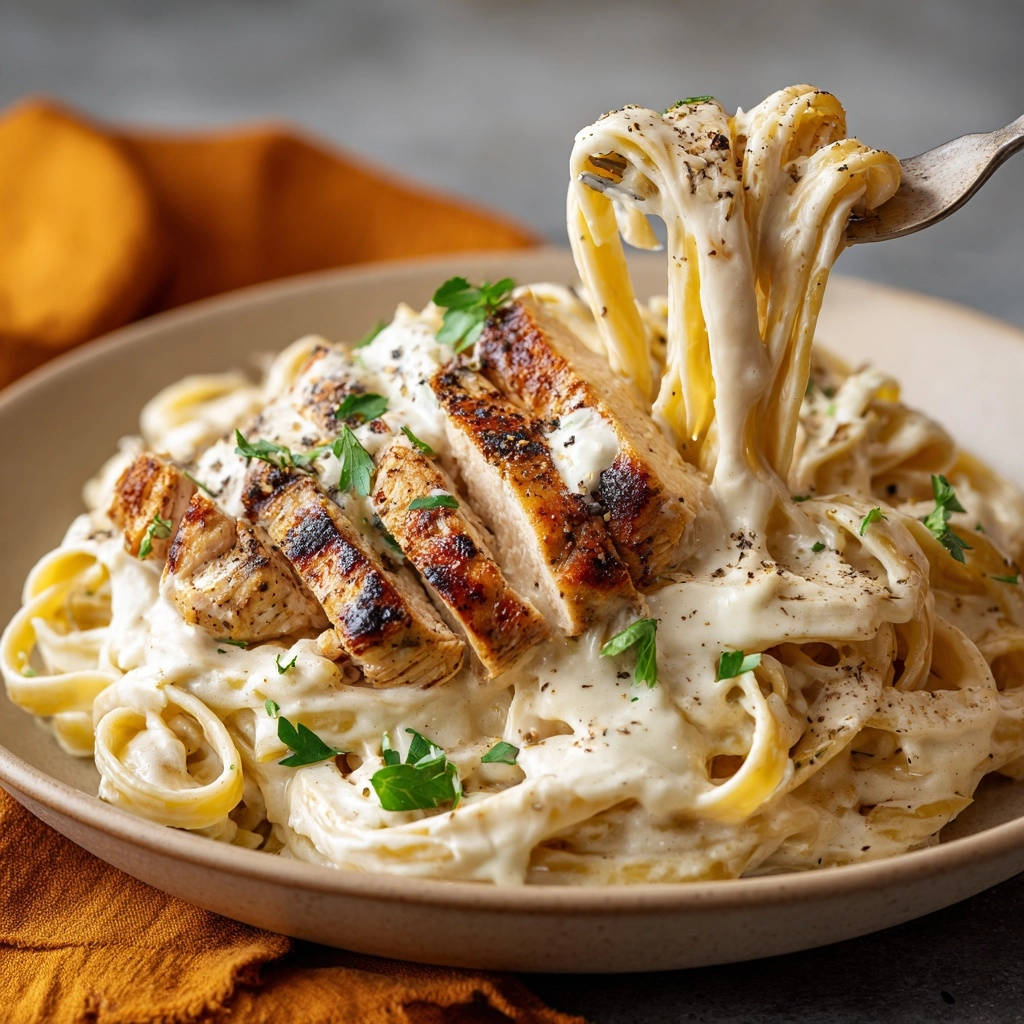 Cremige Hähnchen-Fettuccine Alfredo, eine Gabel wickelt sich in die cremige Pasta, garniert mit geschnittenem Hähnchen.
