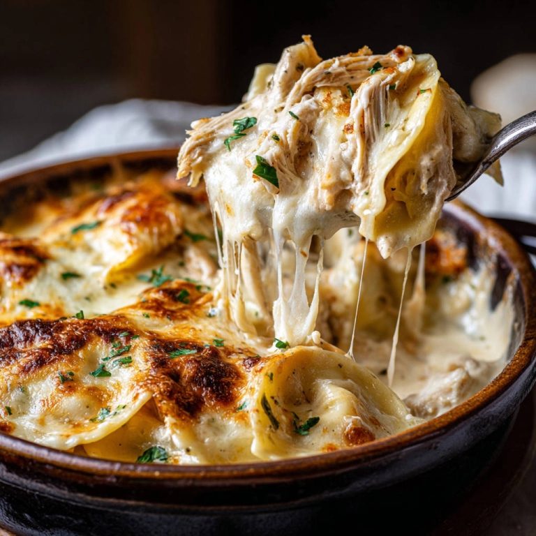 Cremiger Hähnchen-Ravioli-Auflauf mit geschmolzenem Käse, der von einem Löffel herunterzieht, Nahaufnahme.