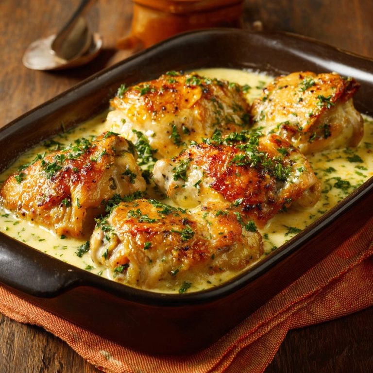 Cremiges Hähnchen aus dem Ofen in einer reichhaltigen Sauce, mit frischer Petersilie garniert und knuspriger Haut.