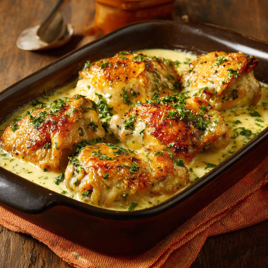 Cremiges Hähnchen aus dem Ofen in einer reichhaltigen Sauce, mit frischer Petersilie garniert und knuspriger Haut.