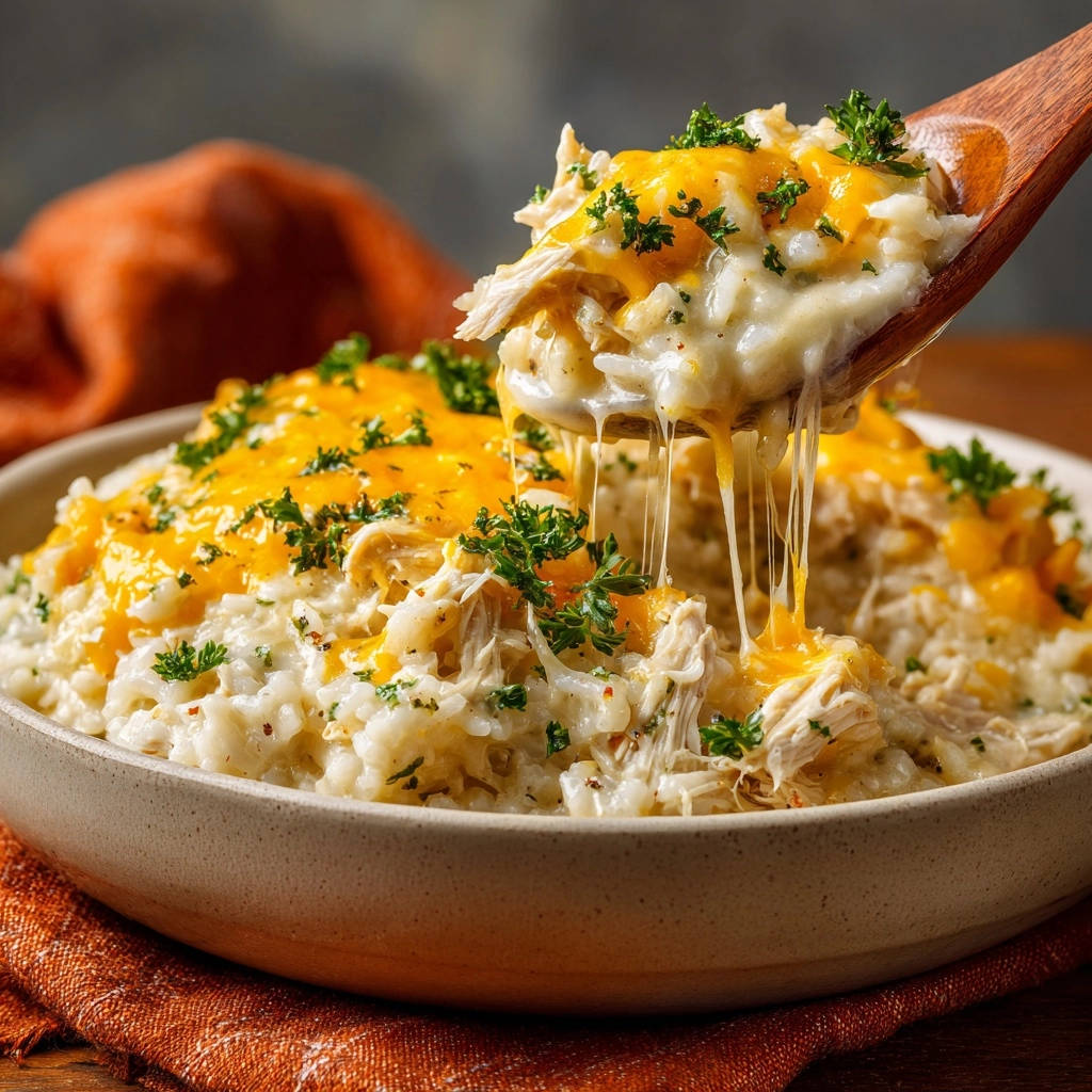 Cremiger Hähnchen-Reis-Topf mit geschmolzenem Käse und Petersilie, aus dem ein Holzlöffel mit Käsefäden herausgehoben wird.
