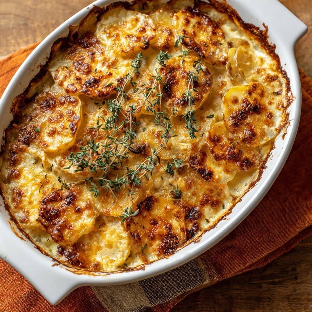 Cremiges Kartoffelgratin, nah aufgenommen und mit frischen Kräutern garniert, zeigt die goldbraune Käsekruste.