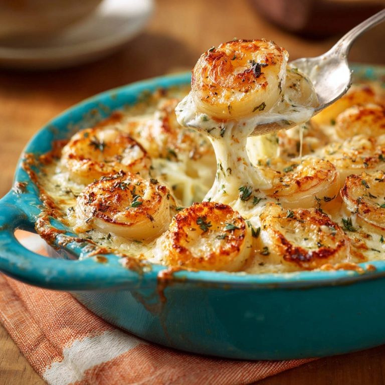 Cremiges Knoblauch-Garnelen-Gratin mit geschmolzenem Käse, das von einer Gabel gezogen wird, zart und saftig aus dem Ofen.