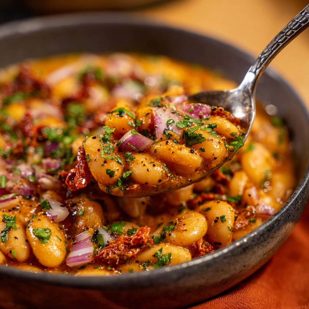 Cremige Tomaten-Bohnen-Pfanne, eine Löffelportion mit roten Zwiebeln und Petersilie, zeigt die Textur der Bohnen.