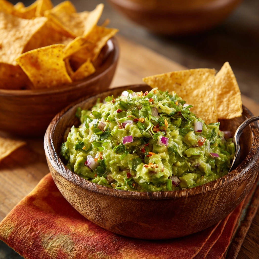 Cremige Guacamole mit roten Zwiebeln und Koriander, garniert mit Chiliflocken, serviert mit Tortilla-Chips.