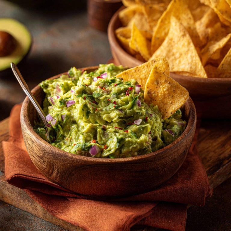 Cremige Guacamole in einer Holzschale mit einem Löffel und Tortilla-Chips, nahaufnahme.