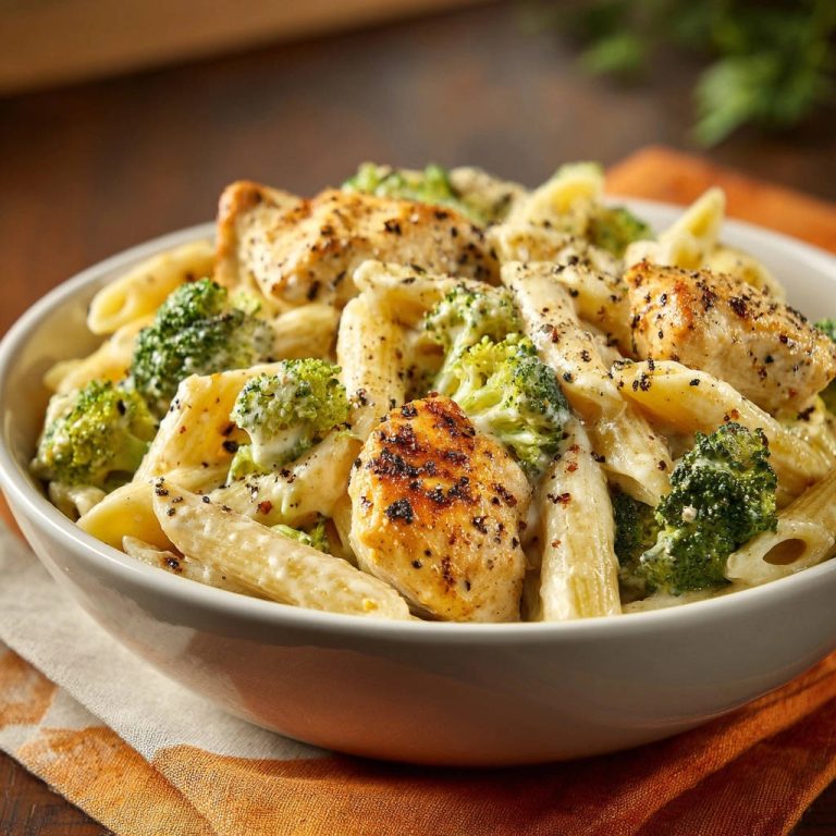 Cremige Hähnchen-Brokkoli-Pasta in einer Schüssel mit Nahaufnahme, die die cremige Sauce und die Zutaten zeigt.