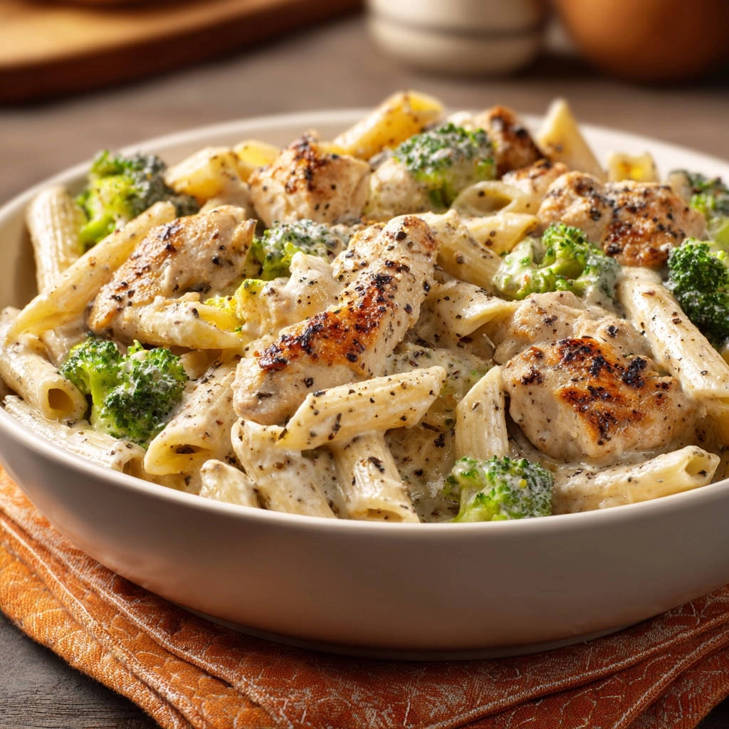 Cremige Hähnchen-Brokkoli-Pasta mit saftigen Hähnchenstücken und Penne, bedeckt von einer reichhaltigen Sauce.