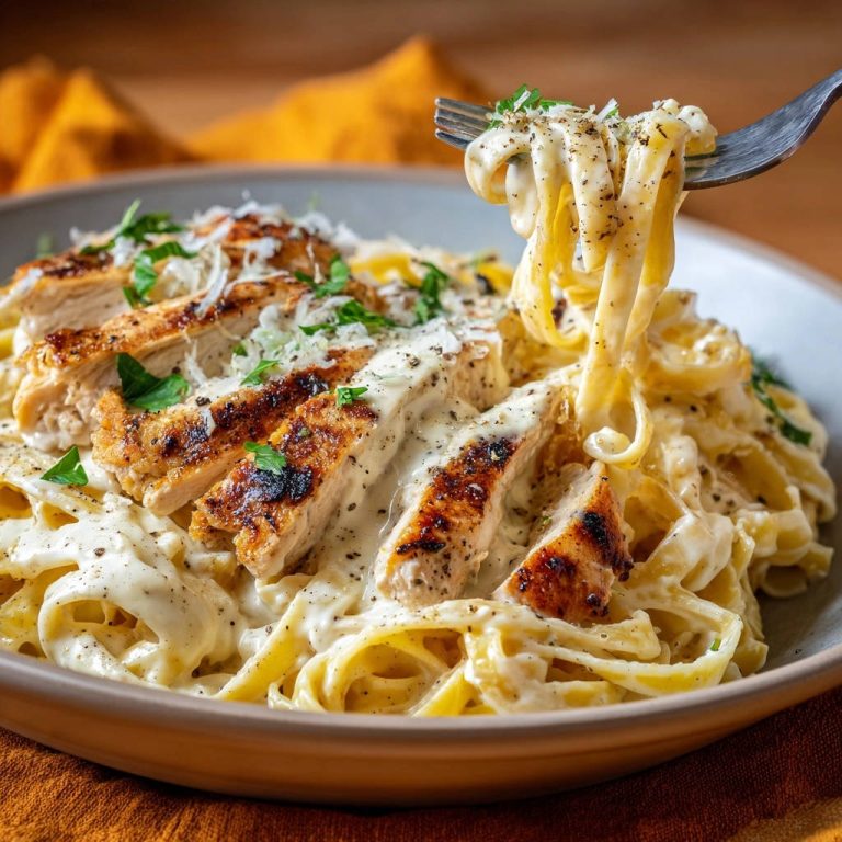 Cremige Hähnchen-Fettuccine Alfredo mit einer Gabel, die mit cremiger Pasta und Hähnchenstücken herausgehoben wird.