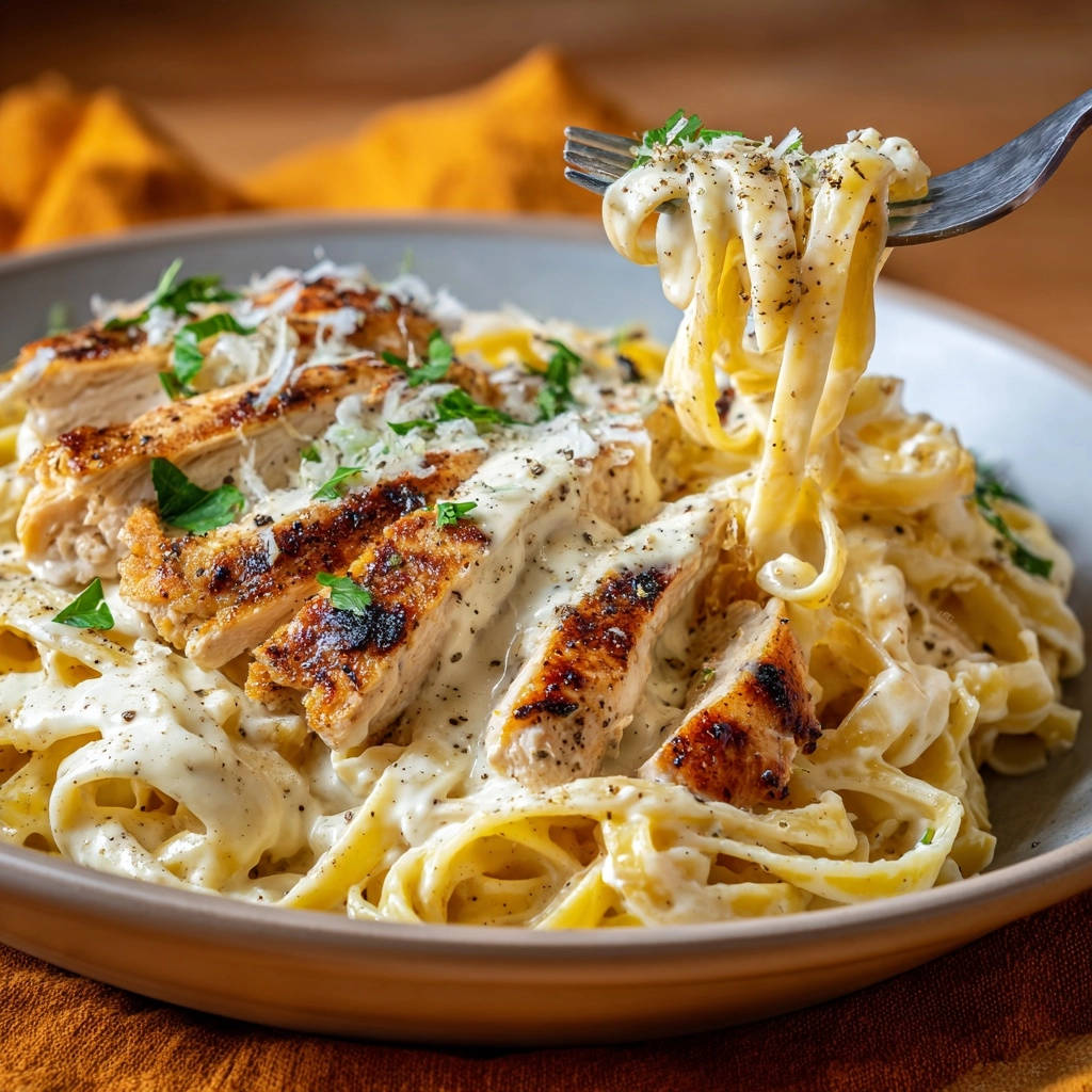 Cremige Hähnchen-Fettuccine Alfredo mit einer Gabel, die mit cremiger Pasta und Hähnchenstücken herausgehoben wird.