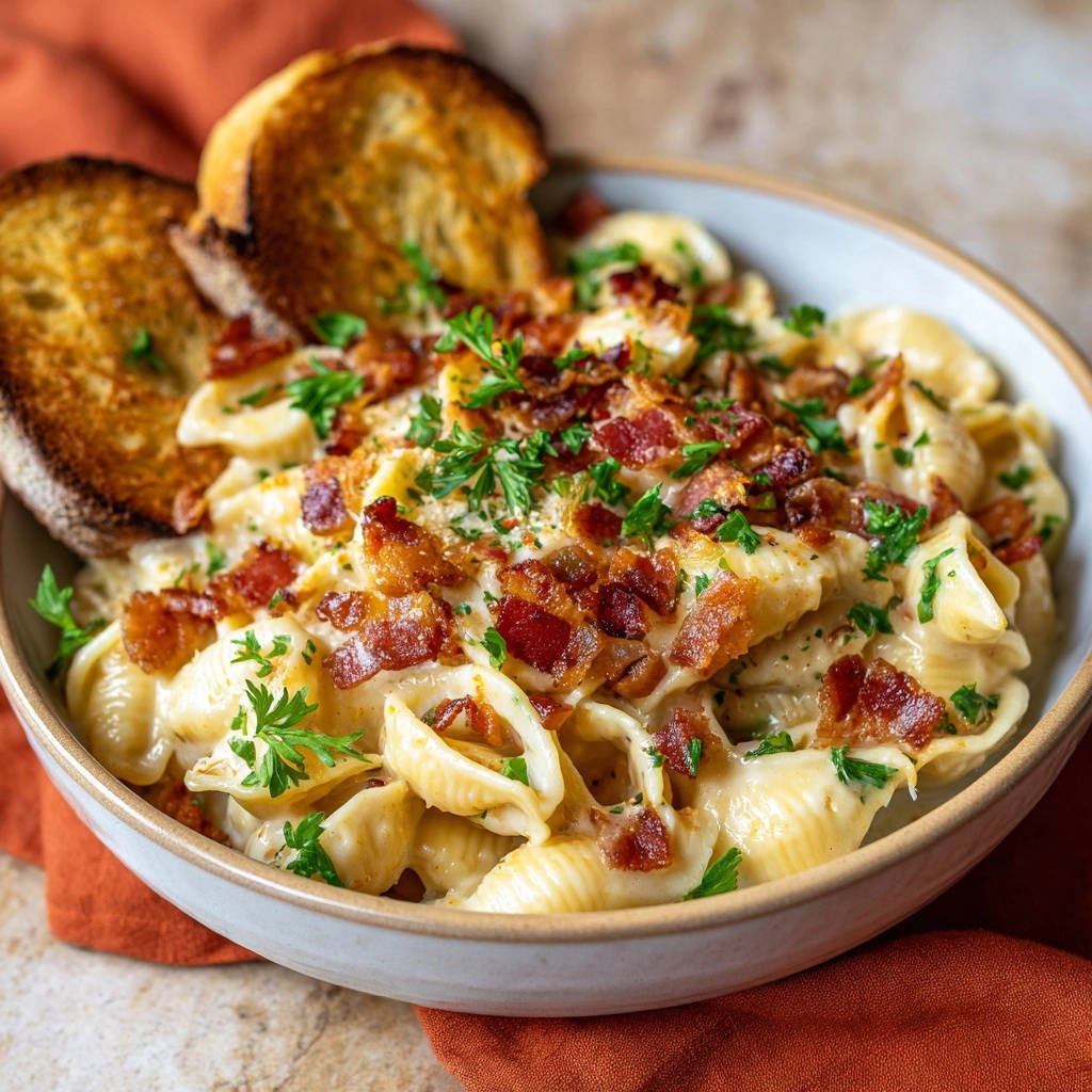 Cremige Muschel-Pasta mit knusprigem Speck und einem Hauch Petersilie, serviert mit geröstetem Brot.