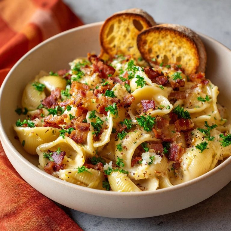 Cremige Muschel-Pasta mit knusprigem Speck, garniert mit Petersilie und serviert mit geröstetem Brot.