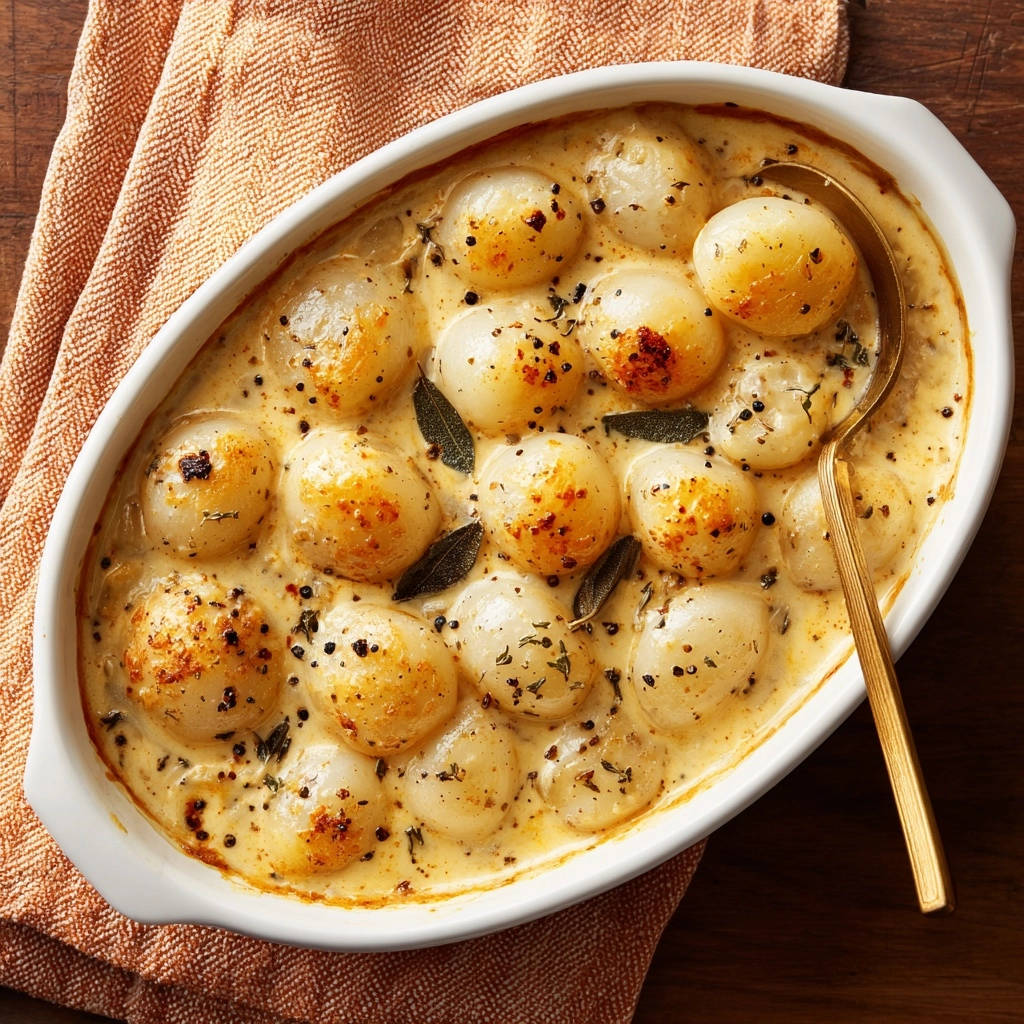 Cremige Perlzwiebeln mit Kräutern in einer Auflaufform, mit einem goldenen Löffel, der aus dem Gericht ragt.