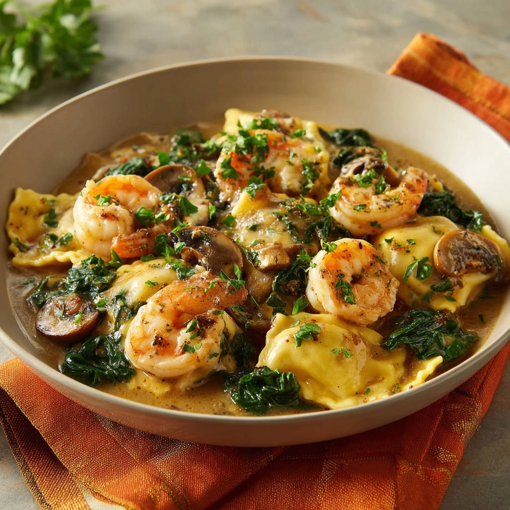 Cremige Ravioli mit Garnelen und Pilzen, eine Nahaufnahme des reichhaltigen Gerichts mit dampfenden Ravioli, saftigen Garnelen und Pilzen in einer cremigen Sauce, garniert mit Petersilie.